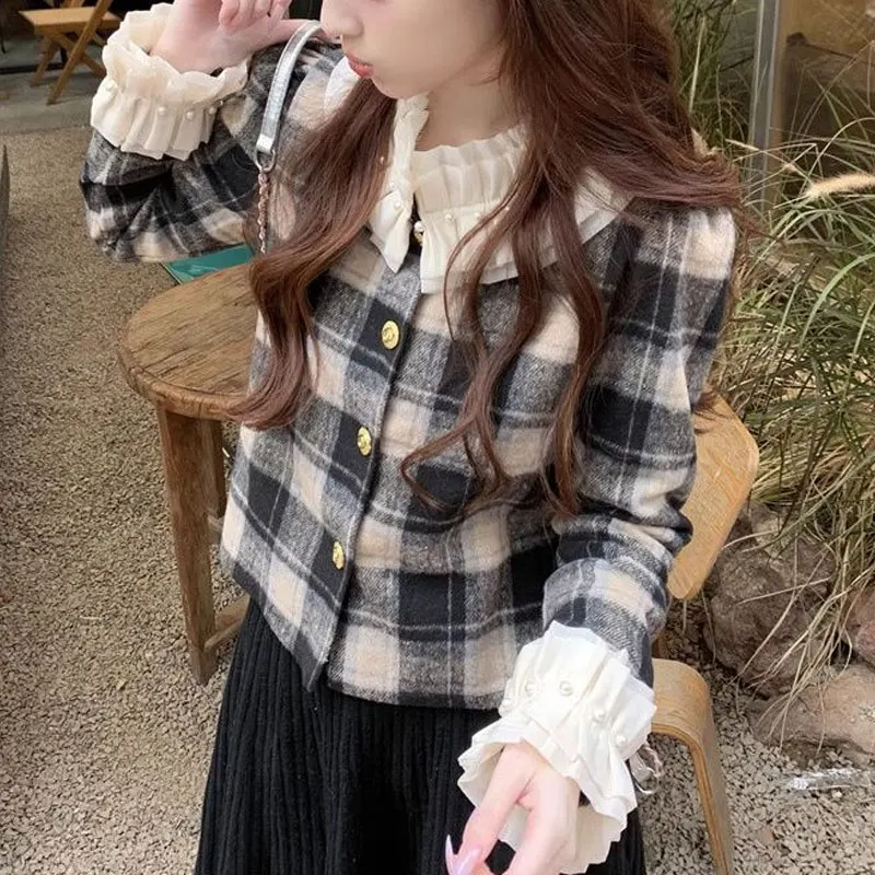 Vintage Plaid Ruffled Neck Coats Spring Autumn Stylish Patchwork Beading Women\'s Clothing French Style Single-breasted Jackets