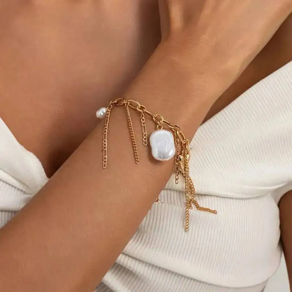 Ingemark Punk Unique Imitation Pearl Metal Tassel Bracelet for Women Creative Trendy Adjustable Charm Bracelet New Hand Jewelry