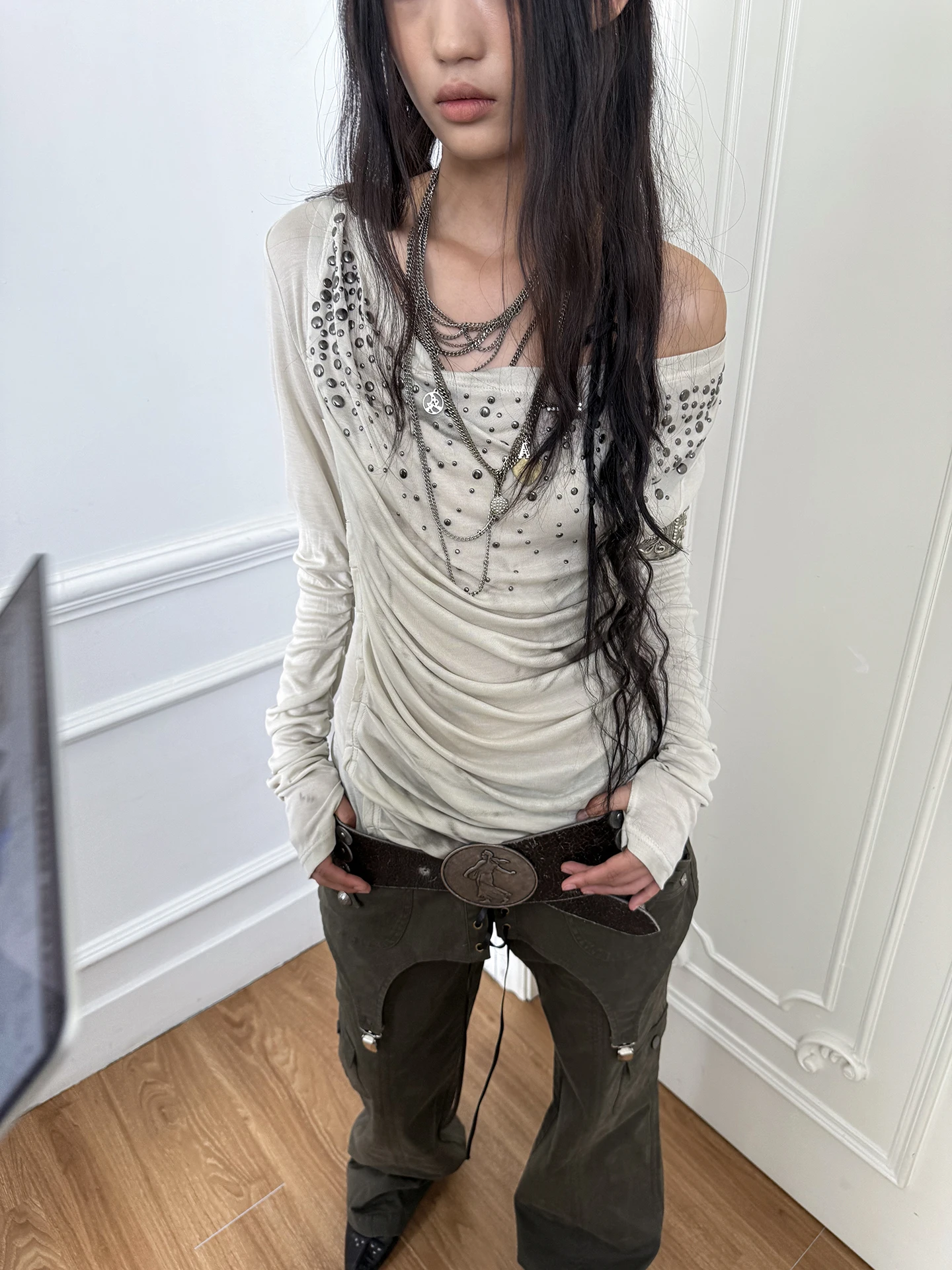 

DoublePunch Early Autumn Original Print ter Ne Multi-Wear Iron Diamond Retro Sle Base irt Top Women's Casual Wear