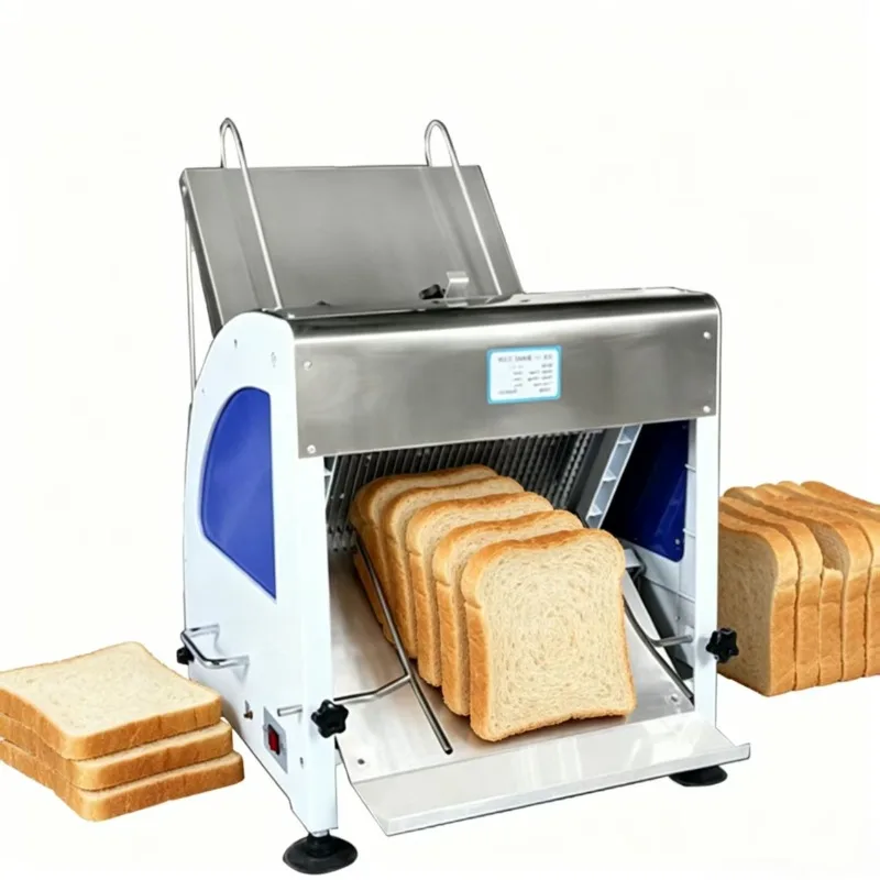 Commercial automatic bread slicer with stainless steel blades, suitable for use in bakeries and food factories