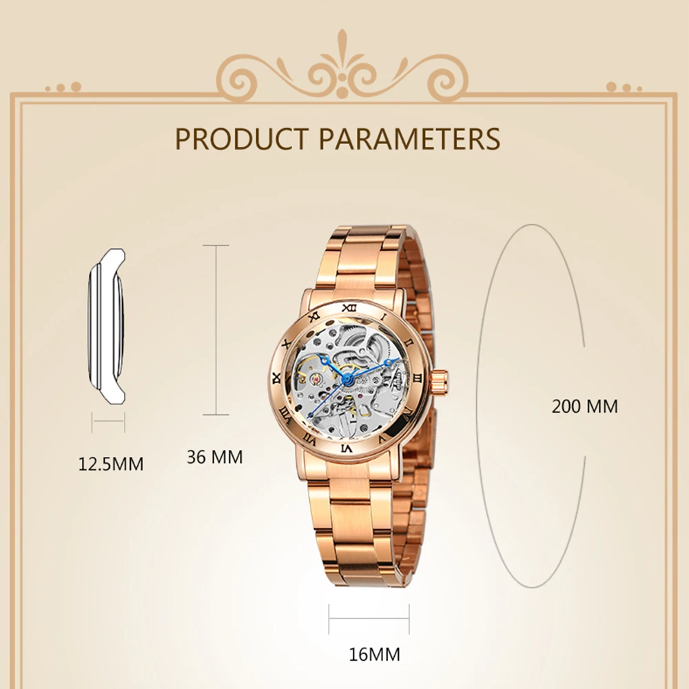 T-WINNER marca de luxo relógios femininos esqueleto relógios mecânicos numerais romanos moldura aço inoxidável moda senhoras relógio