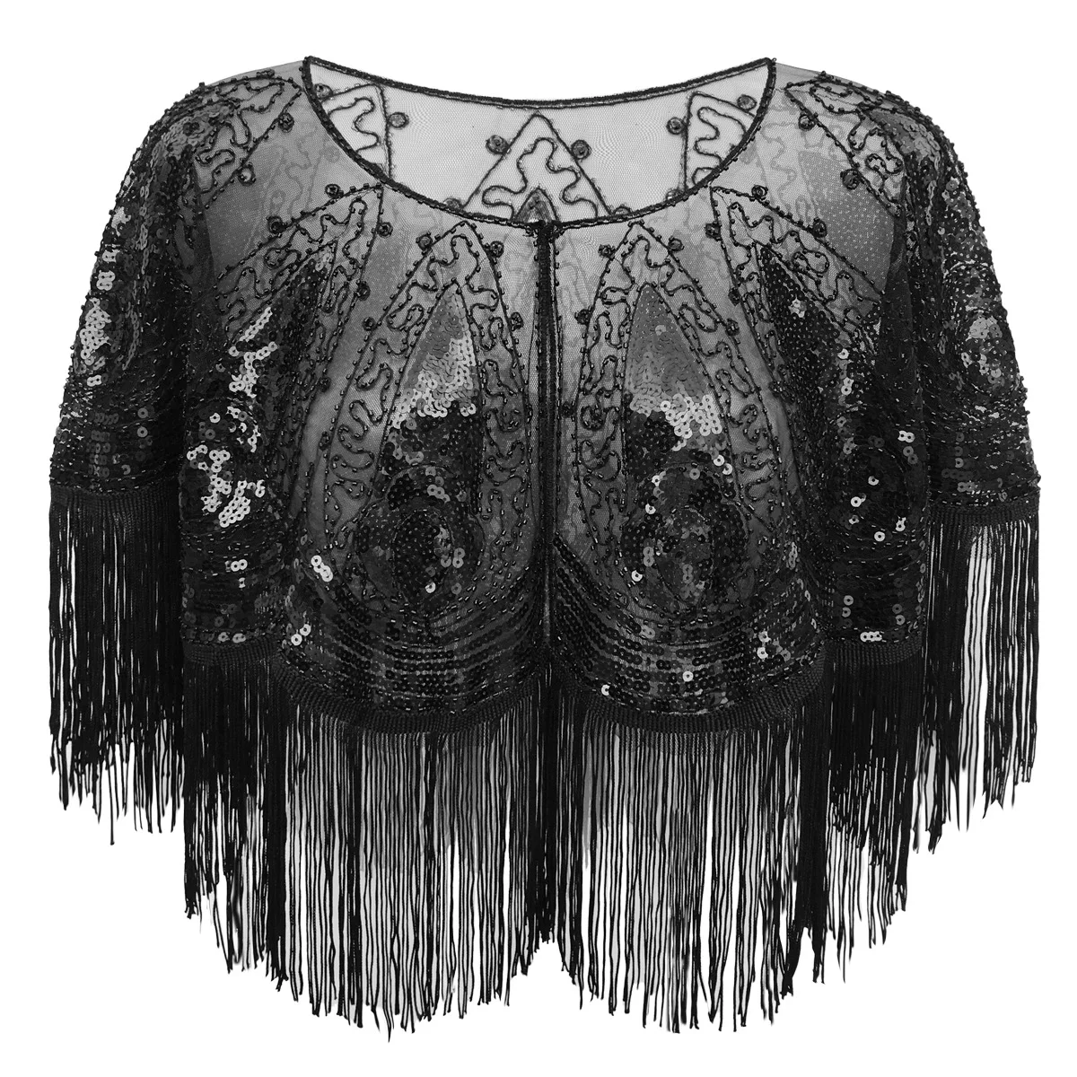 Tassel round Neck Women Vintage Shawl Party Dinner Capes Shawls Mesh Beaded Sequins Fringes Ponchos