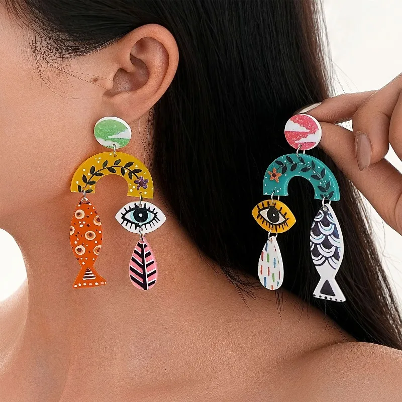 Colorful Asymmetrical Hand-Painted Dangle Earrings Abstract Fish And Eye Acrylic Drop Fun Graffiti Jewelry Gift For Women