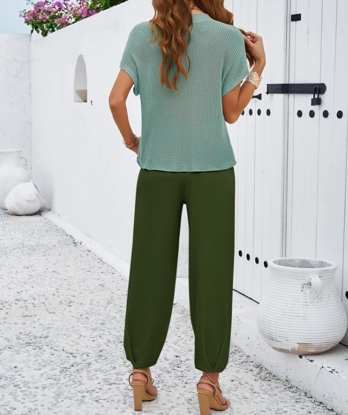Fashionable Summer New Two-Piece Set Casual Solid Color Woolen Pants Set Elegant Commuting Two-Piece Set for Women