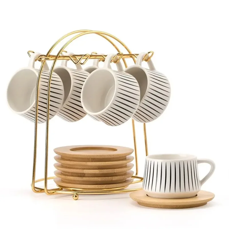 

Ceramic Coffee Espresso Cups with Saucers Set with Metal Holder, 4 oz Porcelain Demitasse Cups For Tea, Espresso, Latte, Coffee,