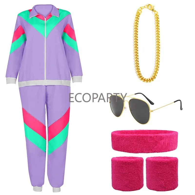 Women 80s Tracksuit Retro Outfit for Women Men Disco Costume Accessories Set Rave Hoodie Colorblock Windbreaker Set