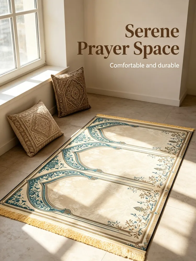 Islamic 3 Person Prayer Rug | Traditional Muslim Janamaz Sajjadah for Family Salah