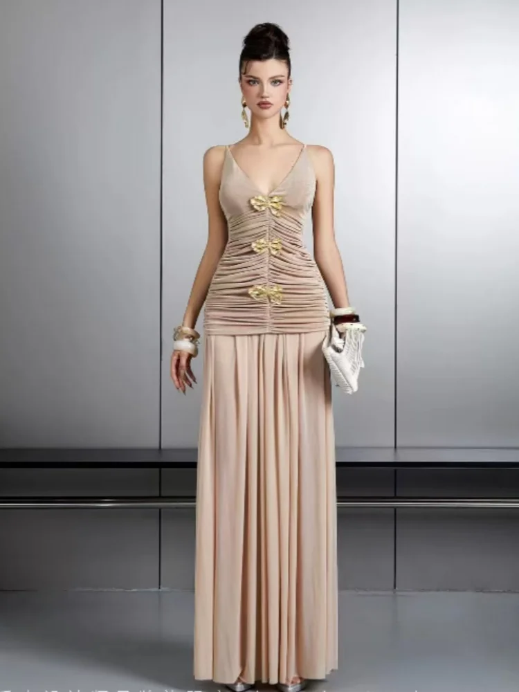 

Women Long Skirt Two Piece Sets Sexy Sleeveless V Neck Folds Metal Decoration Top + Slim A-line Skirt Suits Evening Party
