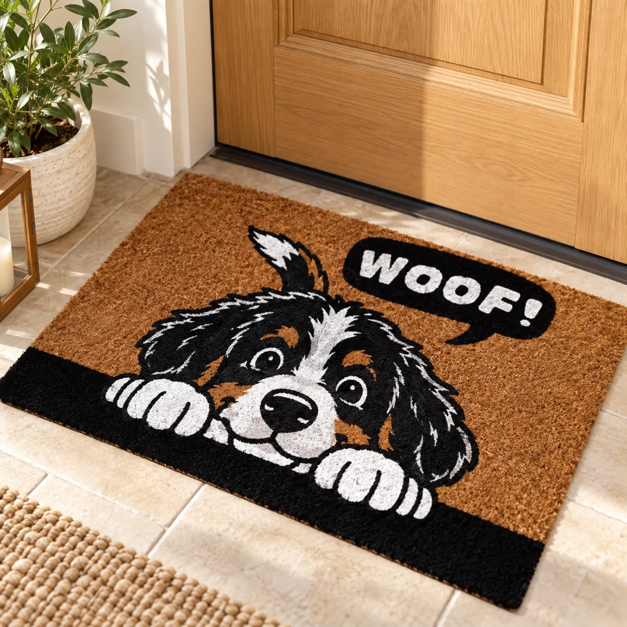 Custom Pet Welcome Mat with Dog Portrait and Name Faux Coir Look Non Slip Backing Entryway Housewarming Gift for Dog Owners