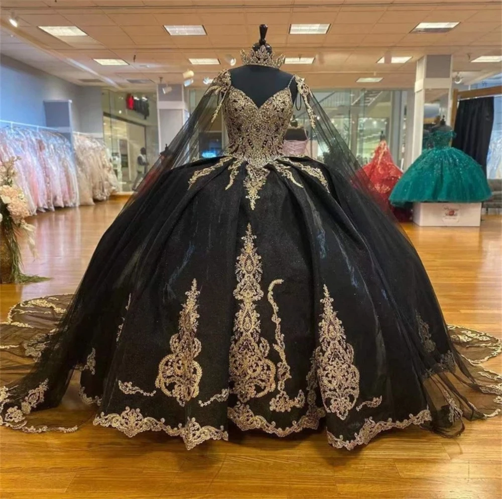 Black Quinceanera Dresses Ball Gown Spagheti Straps Appliques Sparkly Sweet 16 Dresses 15 Años Mexican