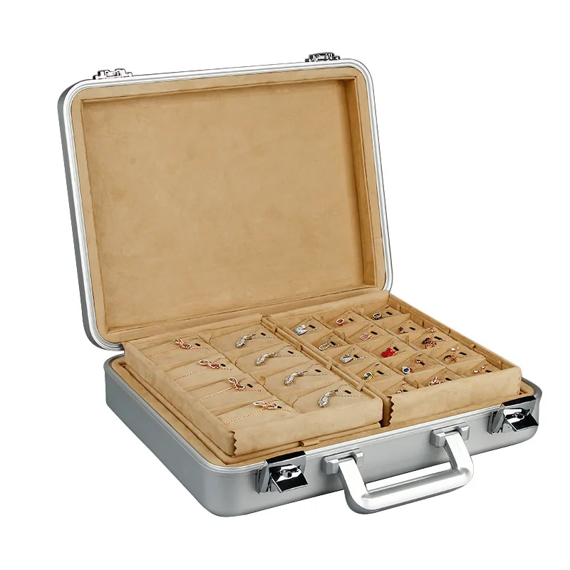High-end portable jewelry box, all-aluminum business with lock, large capacity