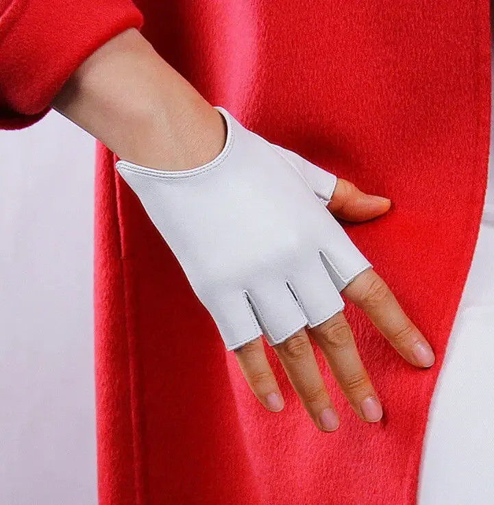 Real Leather Fingerless Short Gloves White Genuine Sheepskin Sports Half Finger LLDLLNT