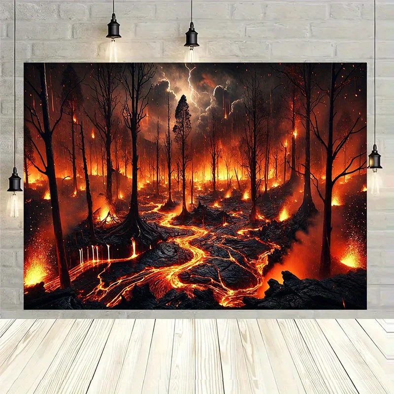 1pc Scorching Lava Forest Background Banner - Durable polyester fabric, vivid volcanic eruption and burning tree art