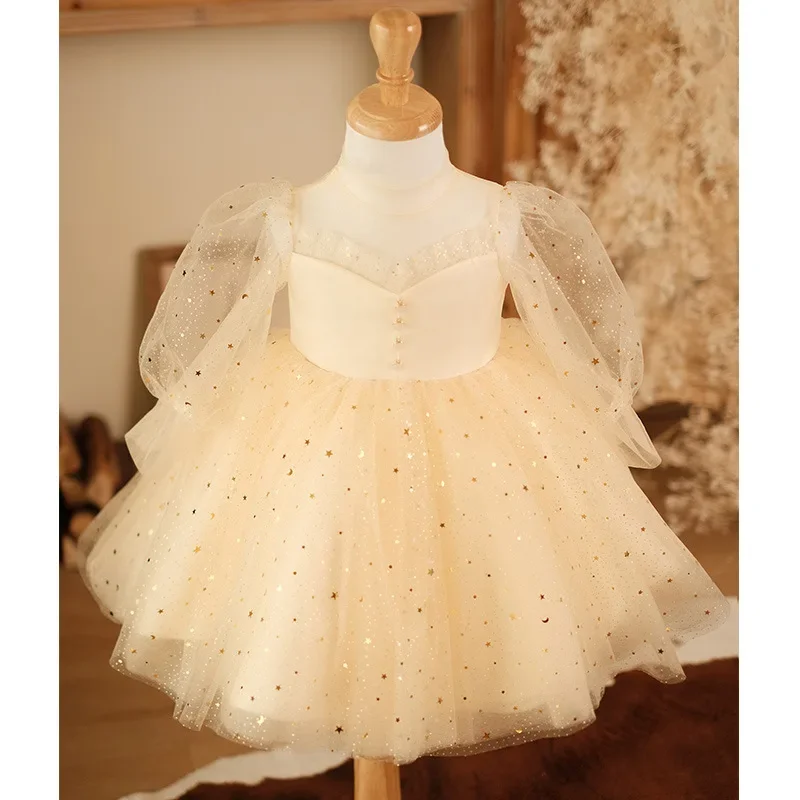 Customized Square Collar Mesh Design Long Puff Sleeve Flower Girls Dresses Button Niche Ball Gown Princess Robe Kids Birthday Pa