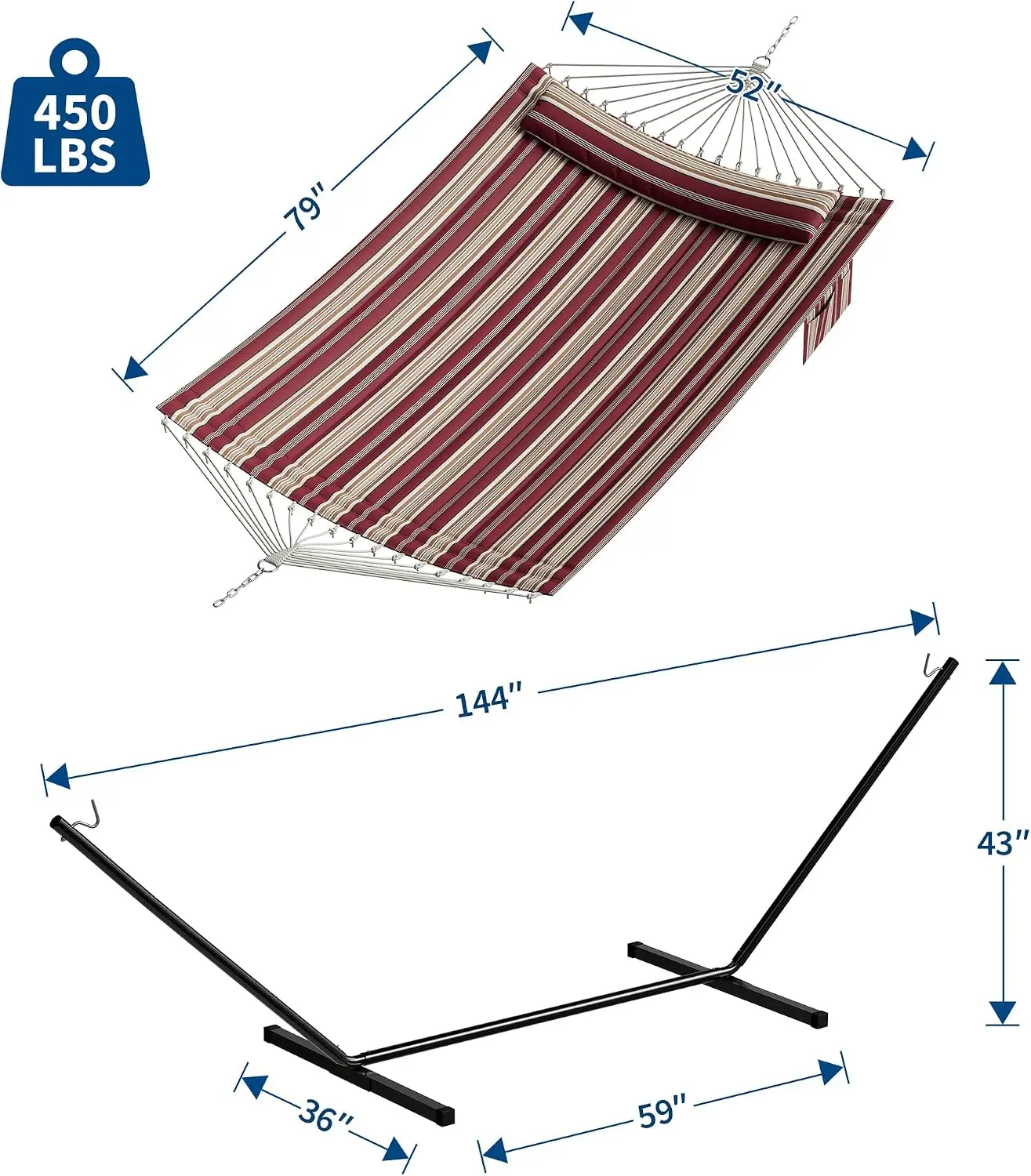 Two-Person Hammock with Stand for Outdoor Use, 450 lbs Capacity, Balance Rope and Pillow Included