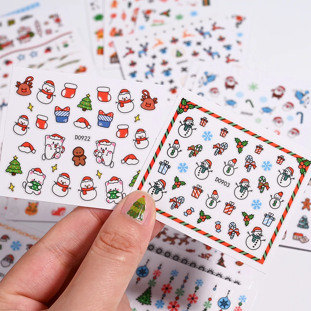 24pcs/6*5cm Winter 2025 New Year Christmas Nail Stickers Blue Elk Snowflake Santa Claus Cartoon Design Manicure Decoration Decal