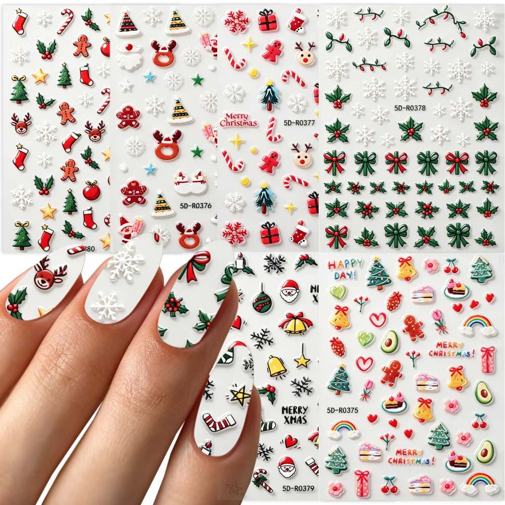 6Pcs 5D Snowflake Elk Holly Christmas Nail Stickers Santa Xmas Tree Gingerbread Bell Nails Decals for Winter Manicure Decoration