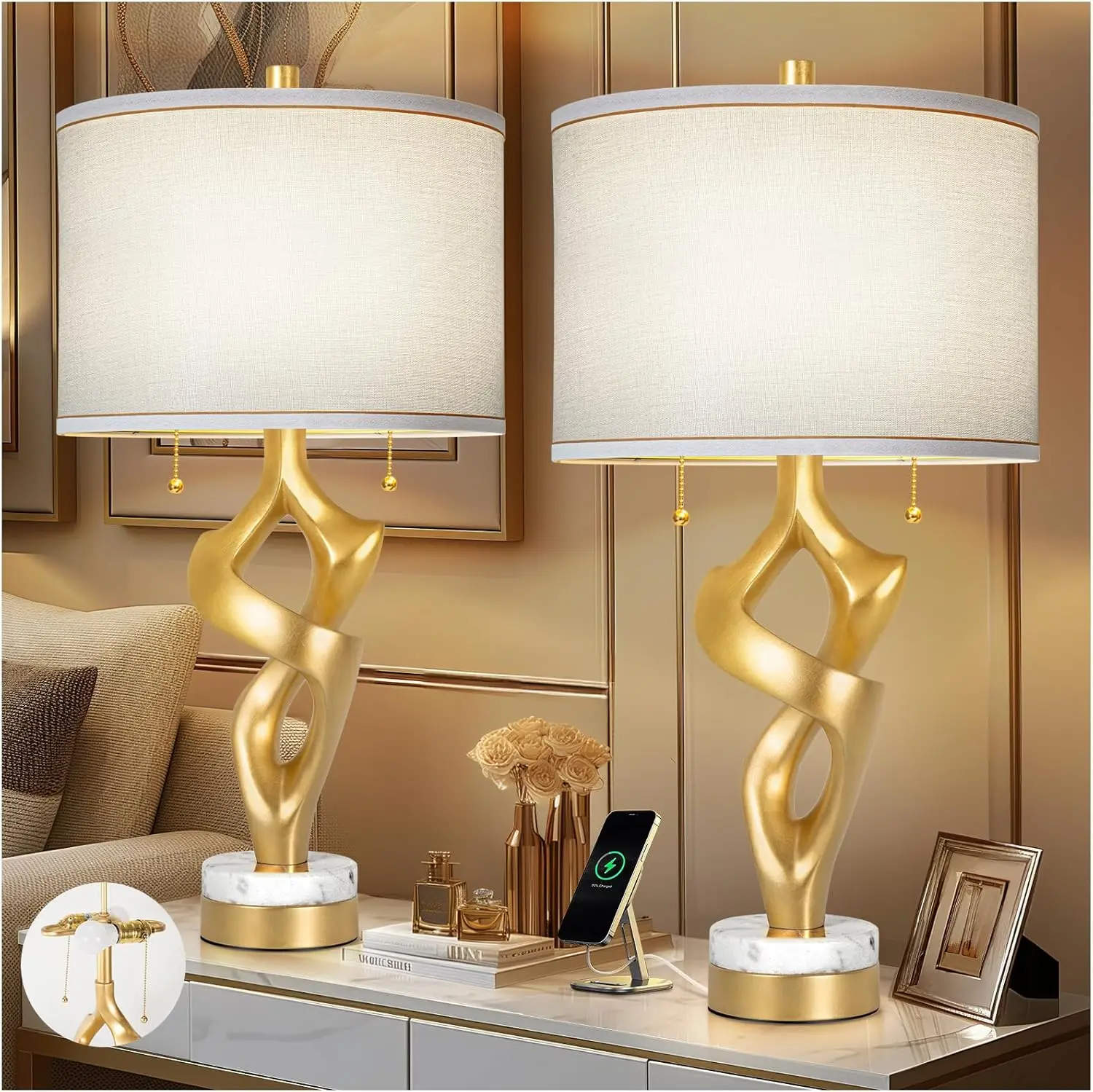 

Modern Sculptural Table Lamp Set with Marble Base, USB Ports, Gold Finish, and Pull Chain Switch for Living Room or Bedside