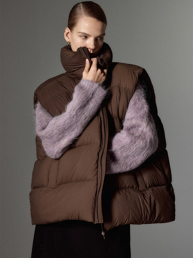 

Autumn Winter Solid Stand Collar Bread Down Vest Female Drawstring Zipper Puff Quilted Waistcoat Women White Duck Down Warm Vest