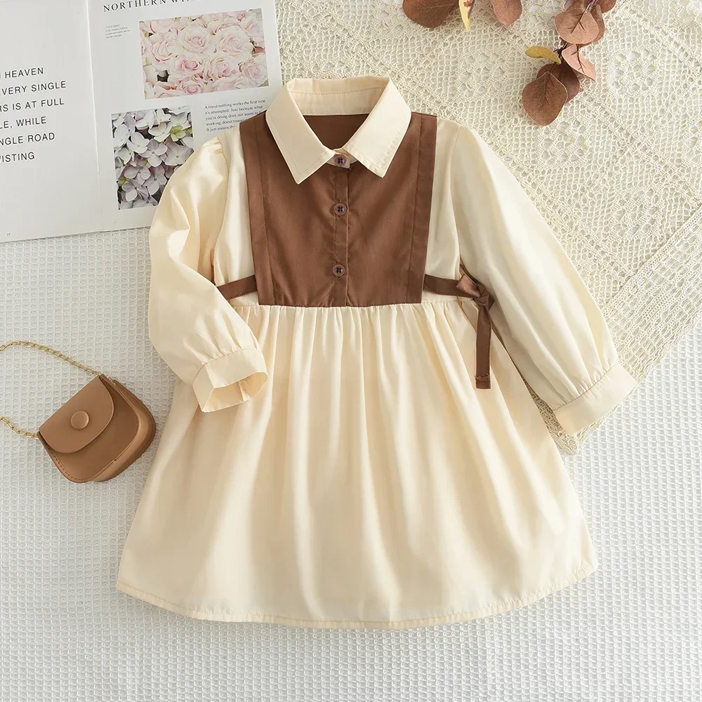 

Korean Version of Spring and Autumn Girls' Collar Single Breasted Bow Color Blocked Princess Dress Long Sleeved Daily Casual