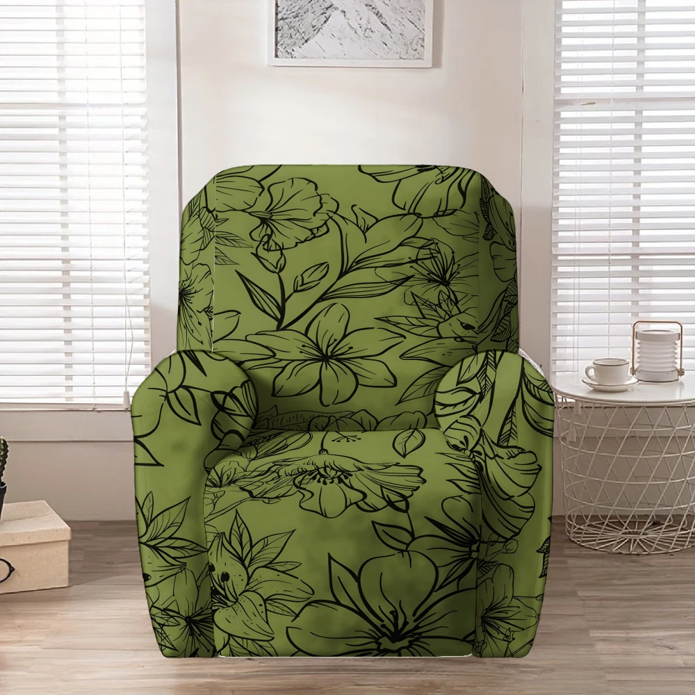 Recliner Slipcover,Olive Green Floral Sketch Print Stretch Recliner Sofa Cover, Stretch Soft Furniture Protector Slipcover