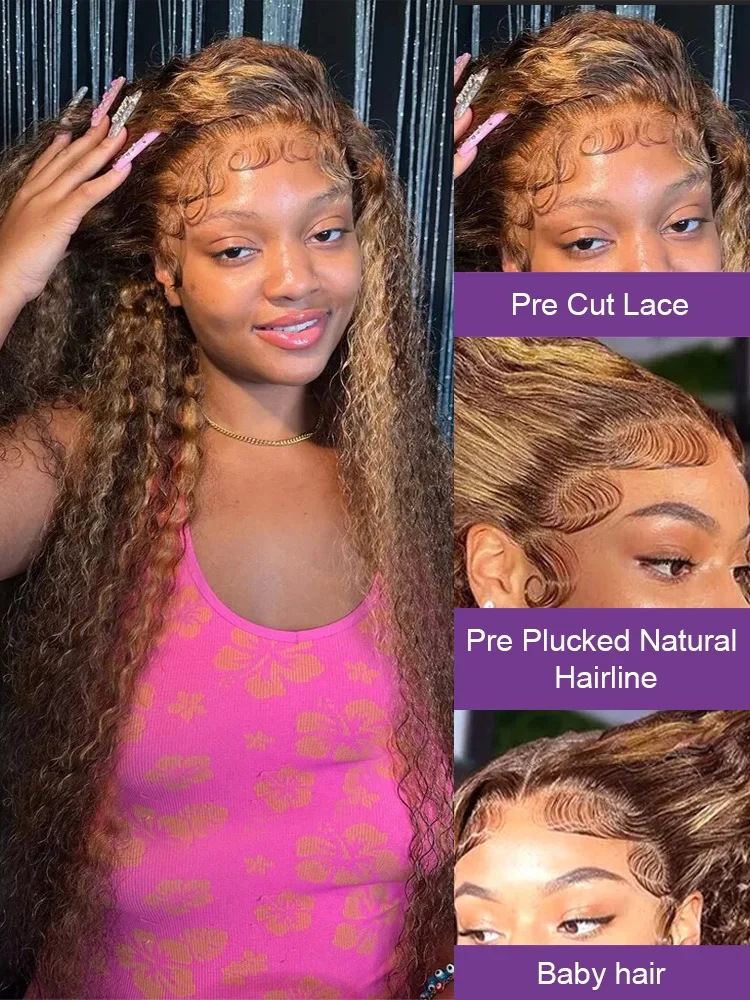 Deep Wave 250 Density 13x6 Highlight Ombre Colored Lace Frontal Wig 30 40 Inch 4/27 Brown Curly 13x4 Lace Front Human Hair Wigs