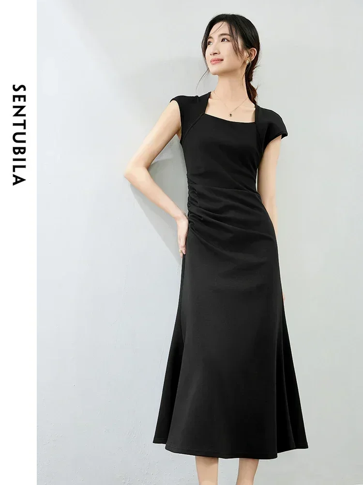 

SENTUBILA Summer Black Dresses 2025 Women Party ELegant Cotton Knitted Short Sleeve Ruched Fitted Long Dress Clothes 142L54013