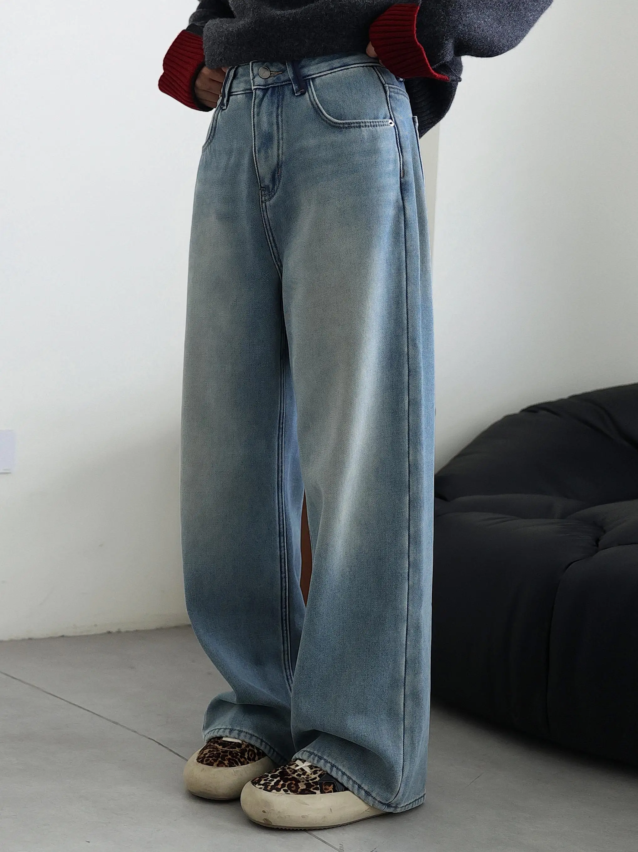 

Корейские джинсы-слим с широкими штанинами и подкладкой, женские, зимние, новые, свободные, прямые, с высокой талией, повседневные