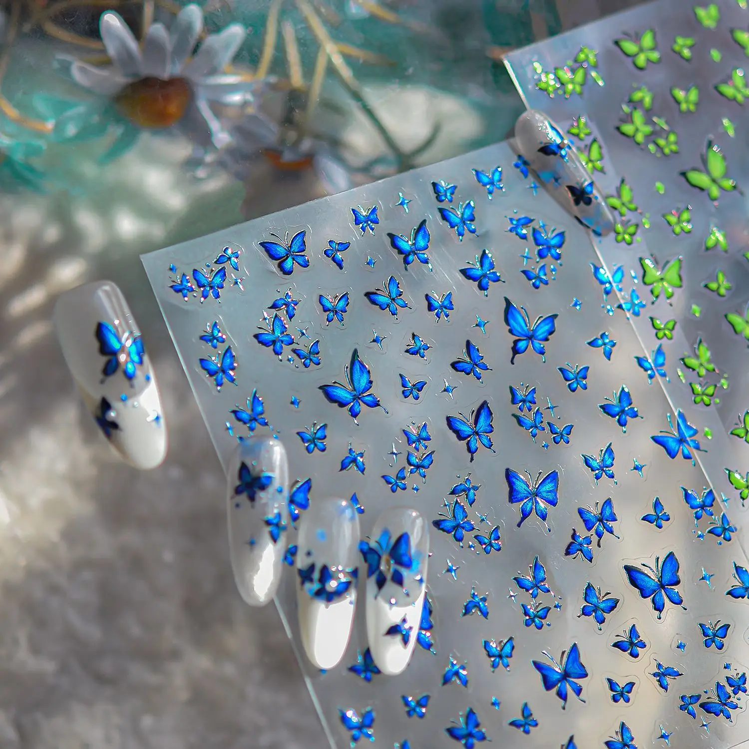 

New Elegant Metal Blue Green Butterfly Nail Stickers Exqusitive Metal Butterfly Art Decals High Quality Manicure Decoration DIY