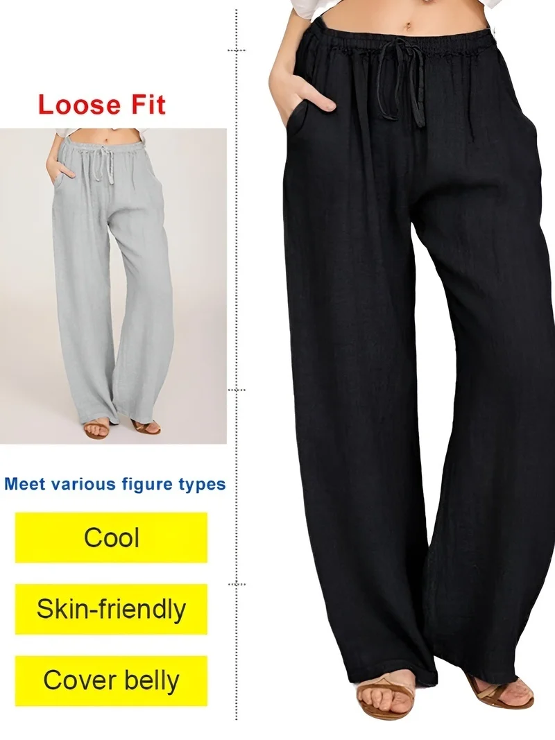 Casual Cotton and Linen Loose Yoga Fashionable and Versatile Solid Color Drawstring Wide for
