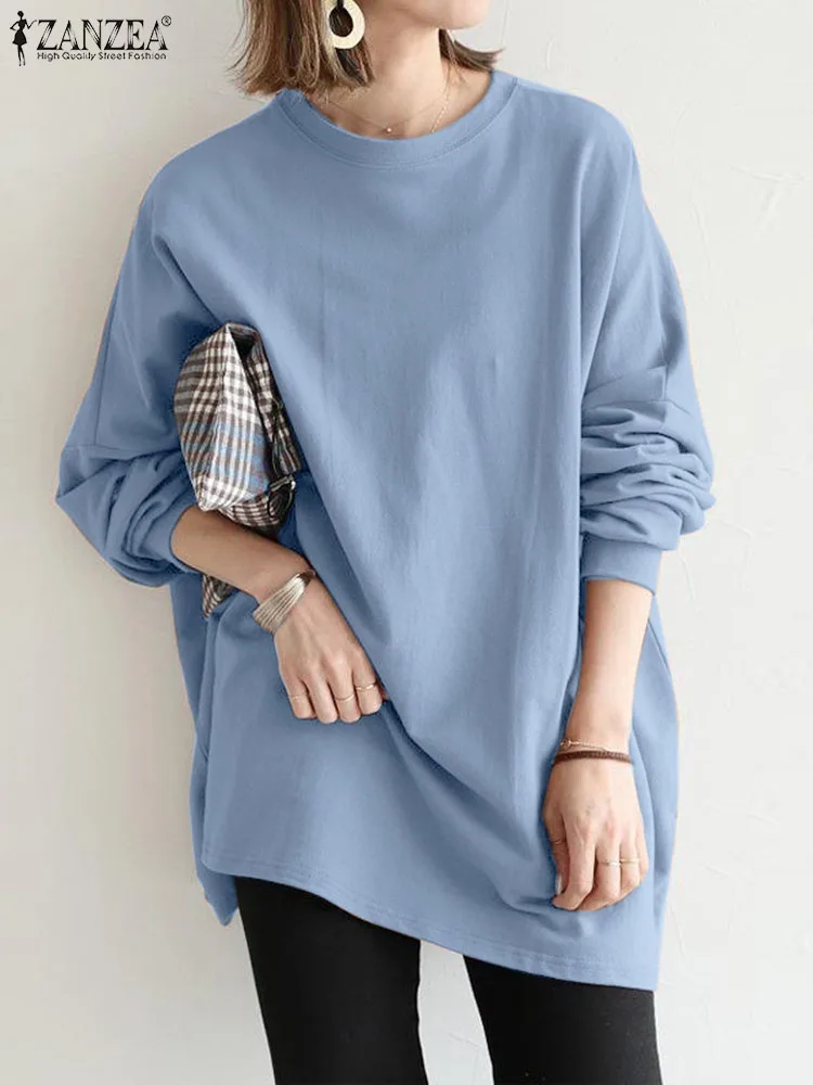 

ZANZEA Women Long Sleeve Sweatshirts 2023 Autumn Round Neck Pullover Casual Loose Solid Color Blouse Korean Fashion Knitting Top