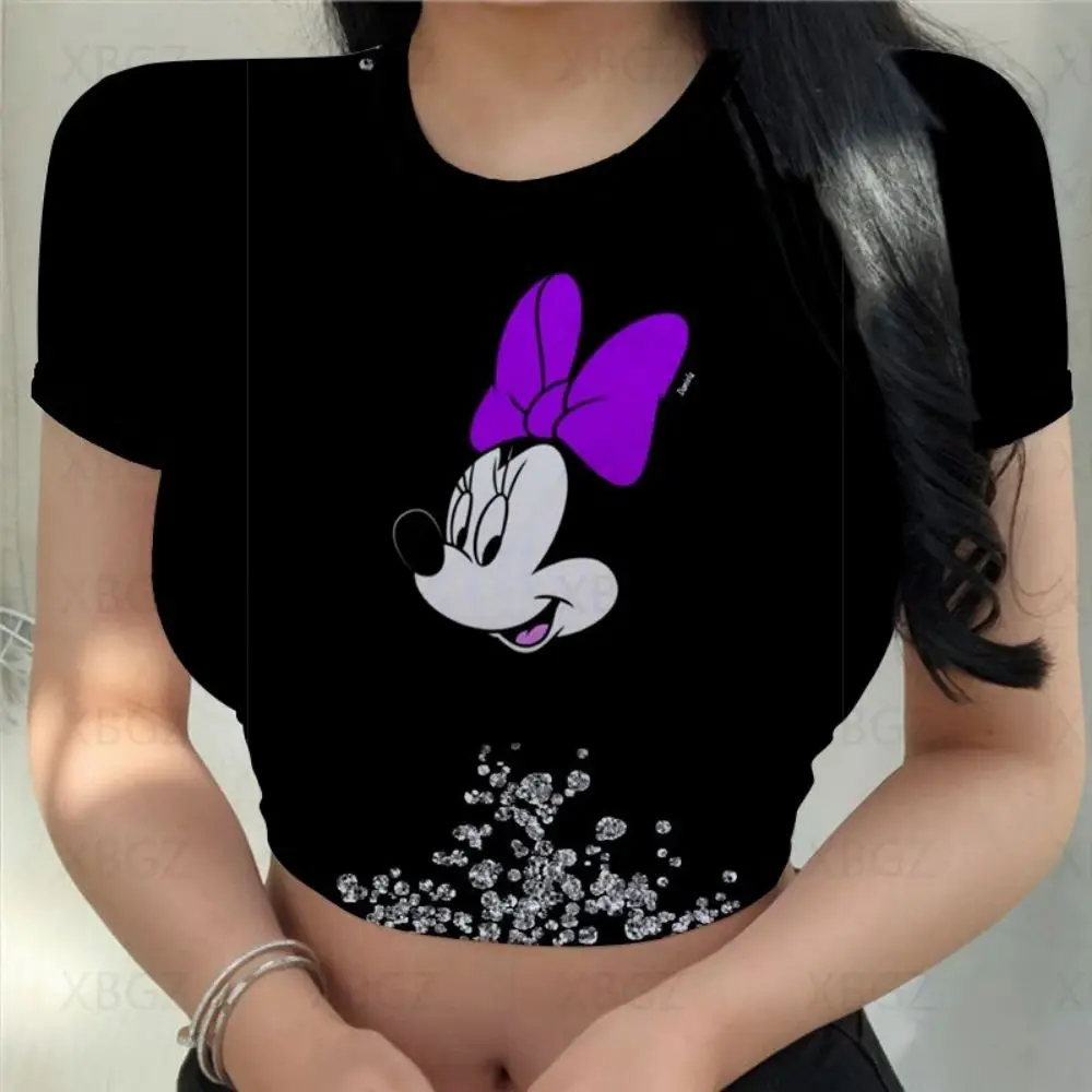 Minnie Mouse Fashion Woman Blouses 2024 Party Crop Top Slim Fit Clothes Print Women's T-shirt Summer Y2k Tight T-shirts Disney