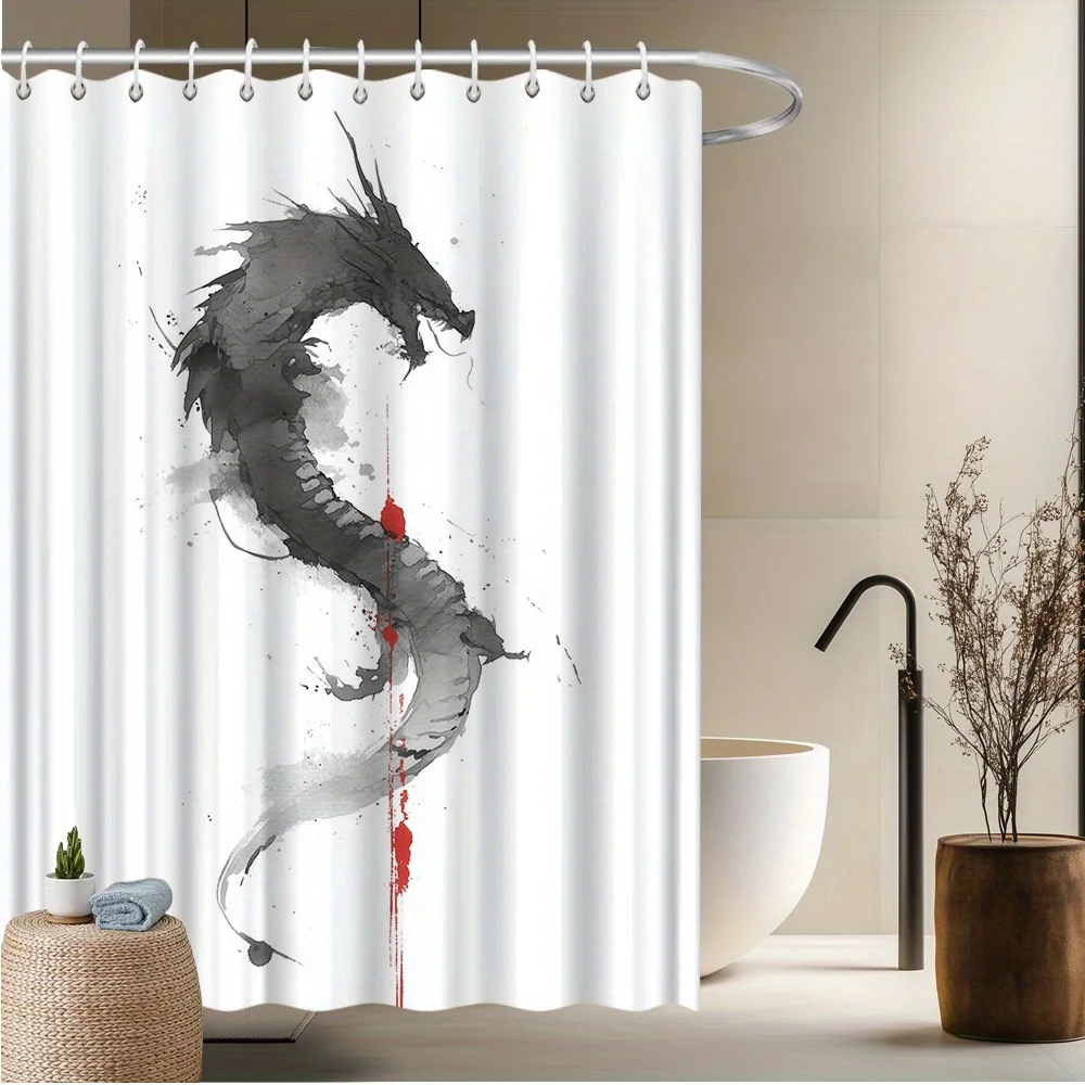 

1pc Asian-Inspired Ink Dragon Shower Curtain - High Quality Polyester Fabric, Fade-Resistant, 70.8x70.8 Inch with 12 Hooks,