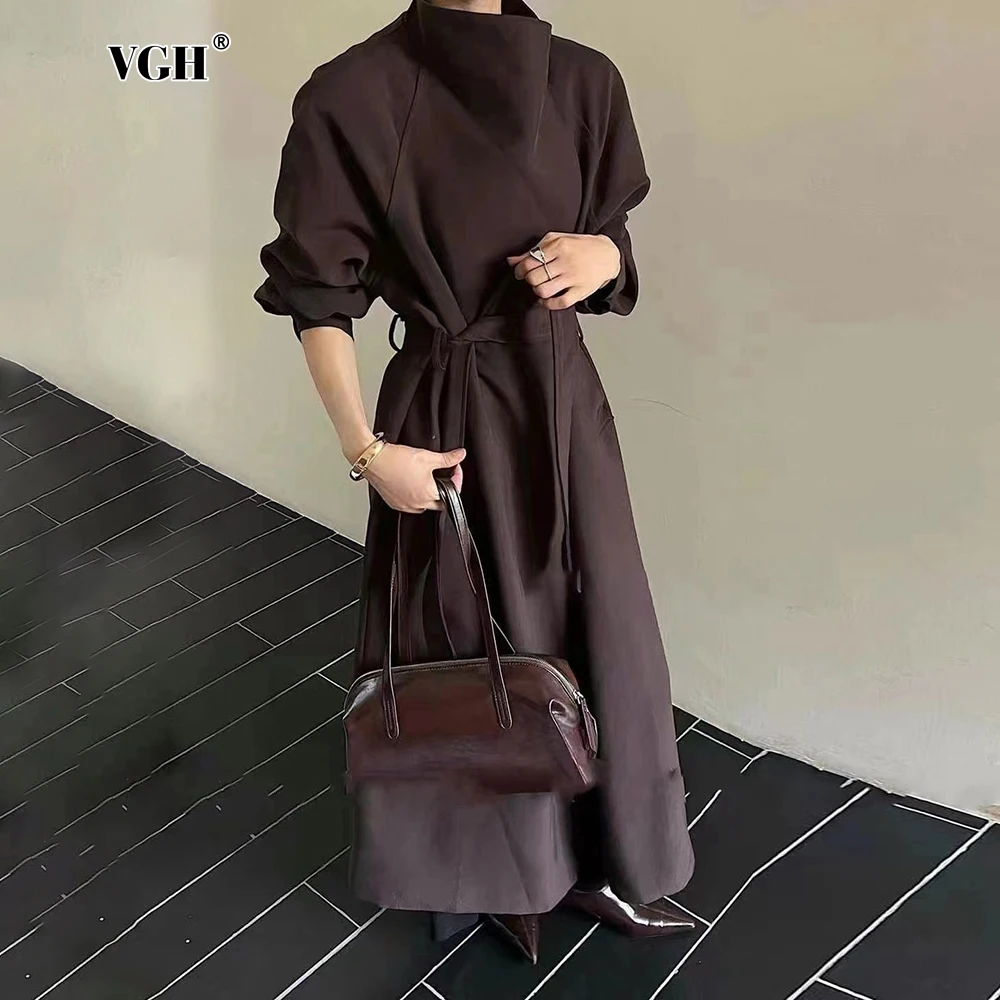 

VGH Solid Patchwork Sashes Elegant Chic Trench For Women Lapel Long Sleeve Spliced Button Temperament Coats Female Fashion New