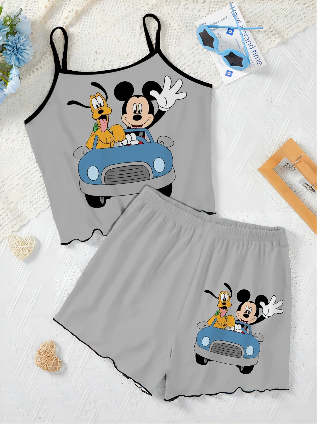 Kurze Sets für Frauen 2 Stück Mickey Disney Salat Trim T-Shirt Slip Kleid Damen anzug Minnie Maus Pyjama Rock elegant nach Hause