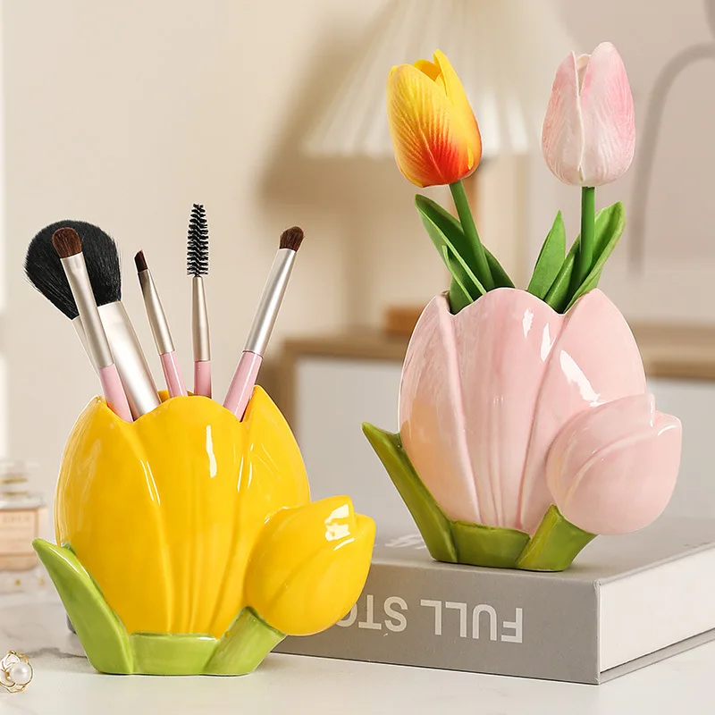 Creative Ceramic Tulip Vase Storage Box High Value Living Room Simple Creative Pen Holder Home Small Ornament