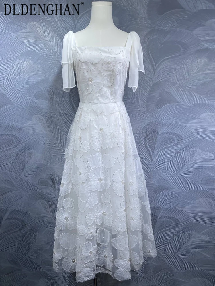 

DLDENGHAN Beading Appliques Mesh Dress For Women Spaghetti Strap Sleeveless Vacation Backless Dresses Fashion Summer Female