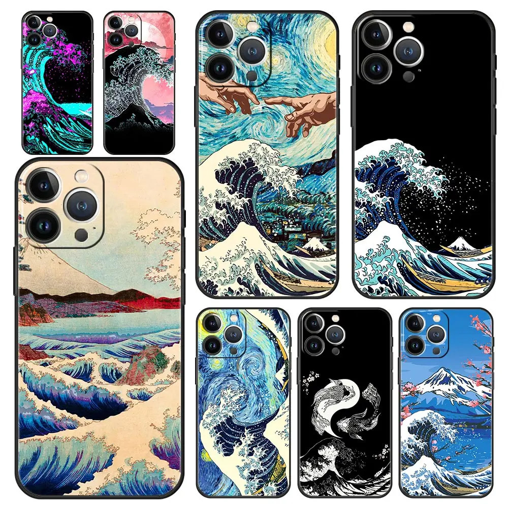 

Luxury Phone Case For iPhone 16 15 14 11 Pro Max 13 12 XS X XR 7 8 Plus Golden Great Wave Kanagawa Surf Cover Protect
