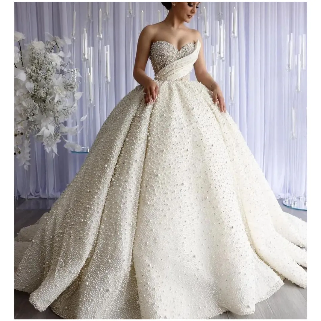 

Luxury Wedding Dresses Sleeveless Sweetheart Sequins Appliques 3D Lace Ruffles Satin Bead Pearls Bridal Gowns Vestina De Novia