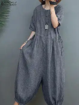 Zanzea verão vintage xadrez verificado perna larga macacão feminino casual férias playsuits macacão moda meia manga solta macacões