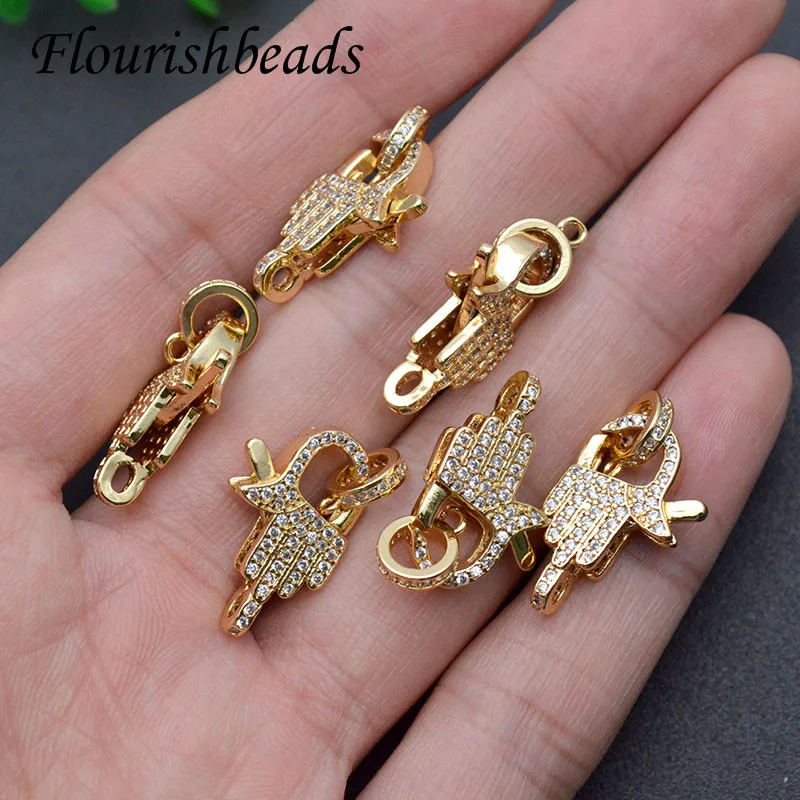 Quality Real Gold Plating Micro CZ Beads Paved Palm Shape Clasp Hooks Connector Diy Necklace Jewelry Findings Accessories