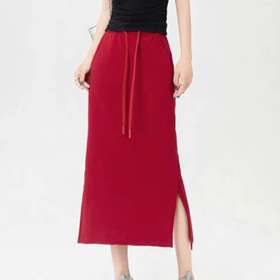 Women Midi Skirts Summer Elastic Waist Adjustable Drawstring Skirts With Pockets Fitness Short Skirts