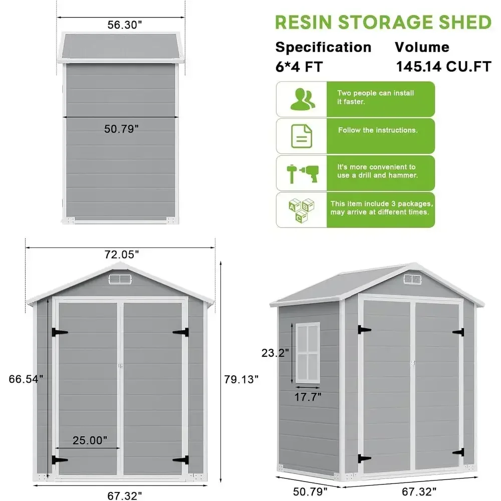 Durable 6x4 Outdoor Plastic Storage Shed with Floor, Window, Ventilation, and Lockable Door for Lawn Mower and Seasonal Storage