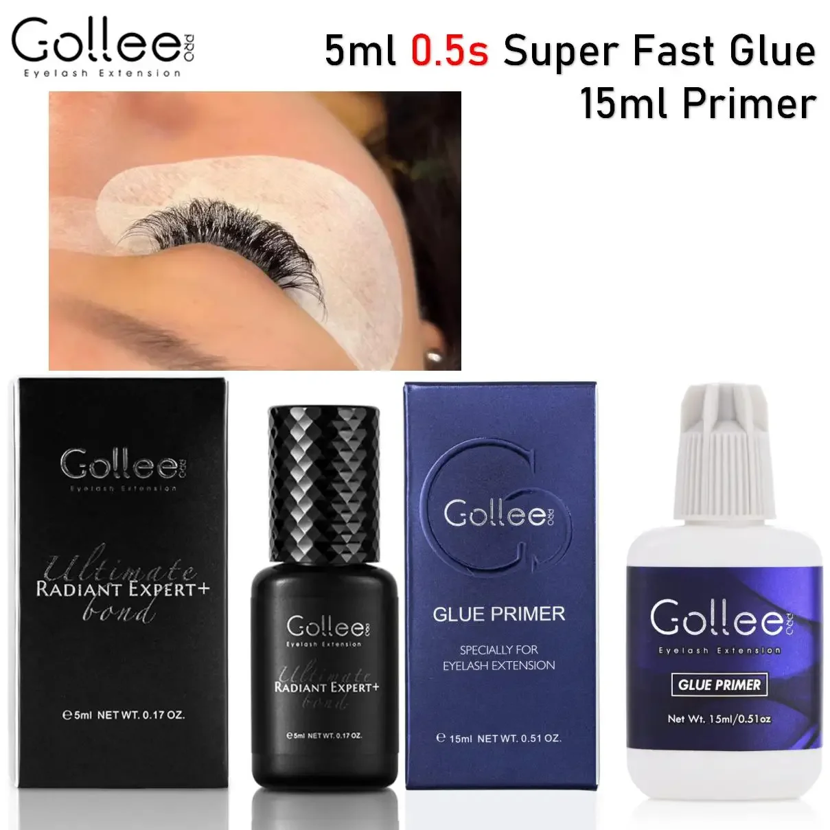 Gollee 0.5 Sec Fast Drying Eyelash Extension Glue & Lash Primer 8 Week Waterproof Eyelash Adhesive Professional USE Supplies