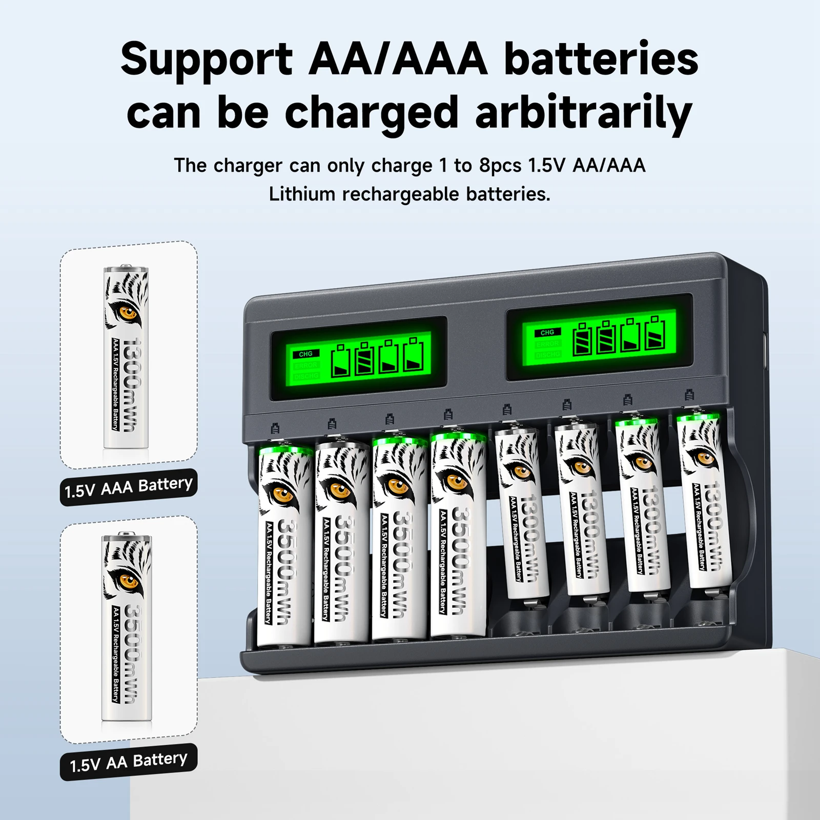 PALO 1.5V AAA AA Li-ion Rechargeable Battery 3500mWh AA Lithium Battery 1300mWh AAA Li ion Battery & 8 Slots Fast Charger