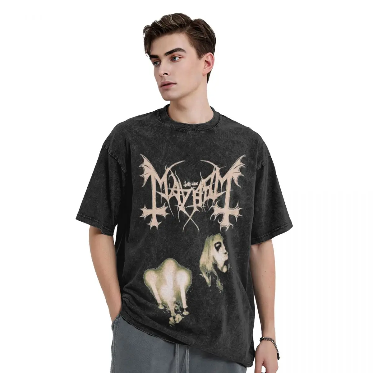 Mayhem Music T Shirts Hip Hop Washed Short Sleeve Harajuku T-Shirts Black Metal Fashion Men Women Streetwear Printed Tee Shirt