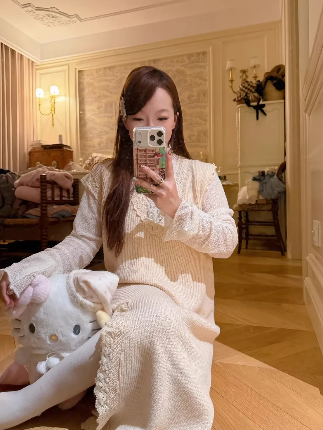 

Ретро-винтажный женский вязаный кружевной жилет-платье с длинным рукавом и V-образным вырезом, средней длины, модная вязаная одежда для девушек, нижнее белье