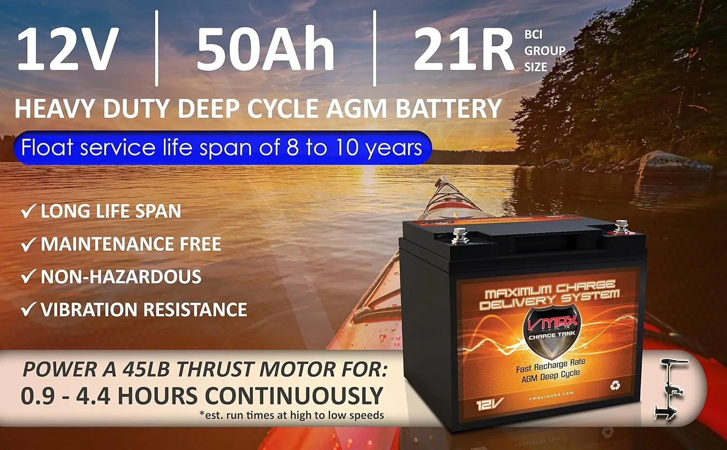 12V 50AH AGM Deep Cycle Battery for 45lbs Trolling Motor 7.8x6.6x6.7 Inches, Customized