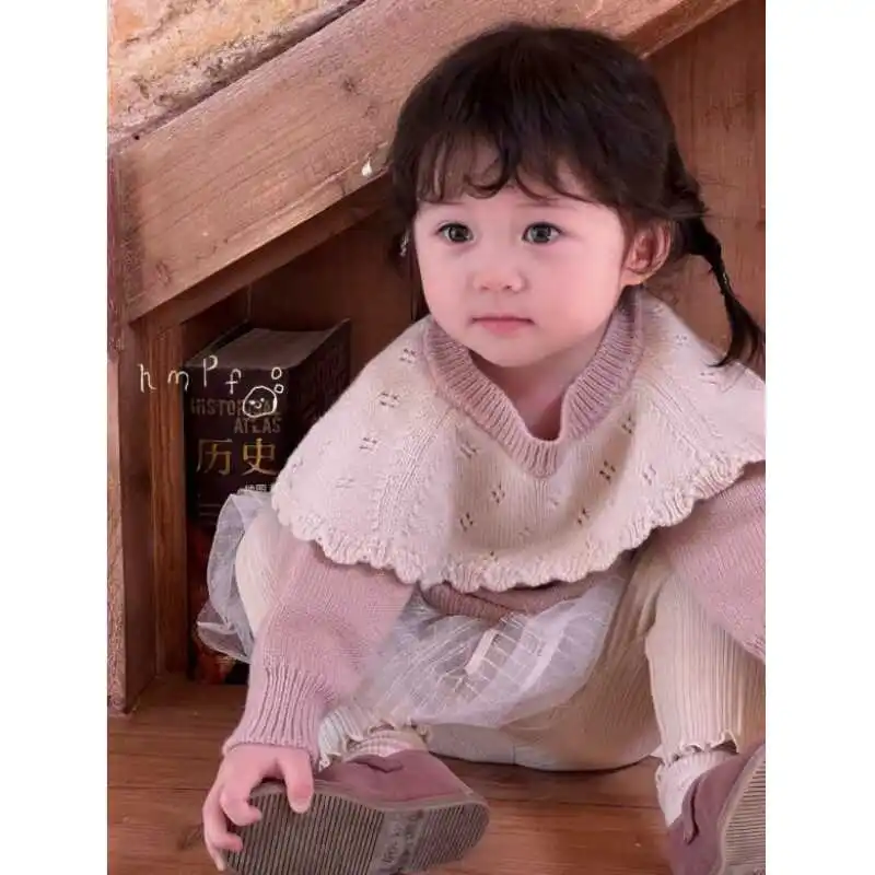 Baby Sets Autumn and Winter Girls Baby Lace Collar Knitted Shirt Stylish Versatile Beige Skirt Pants Baby Sweet Outdoor Clothes