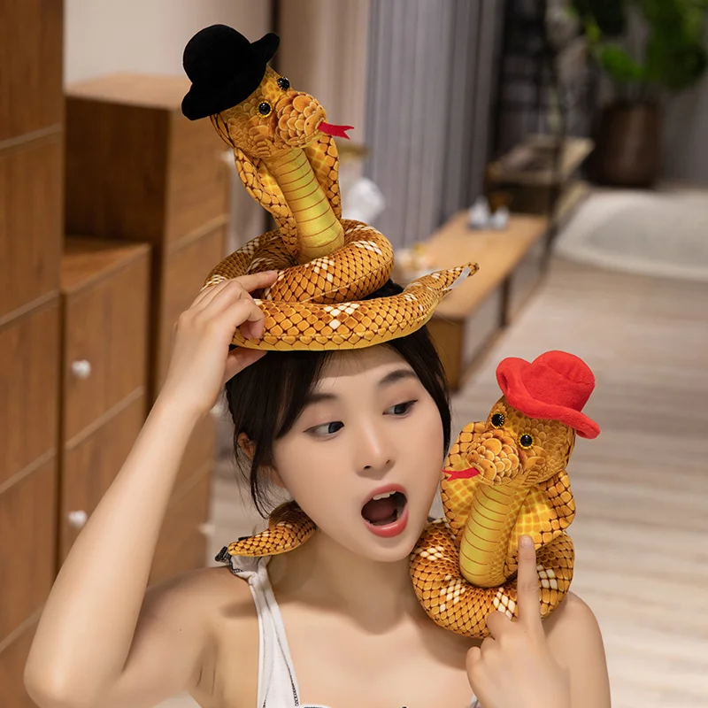 Simulation Fun Gentleman Orange Snake Plush Doll Wearing Hat Cobra Python Plush Toy Home Decoration Gift For Friends